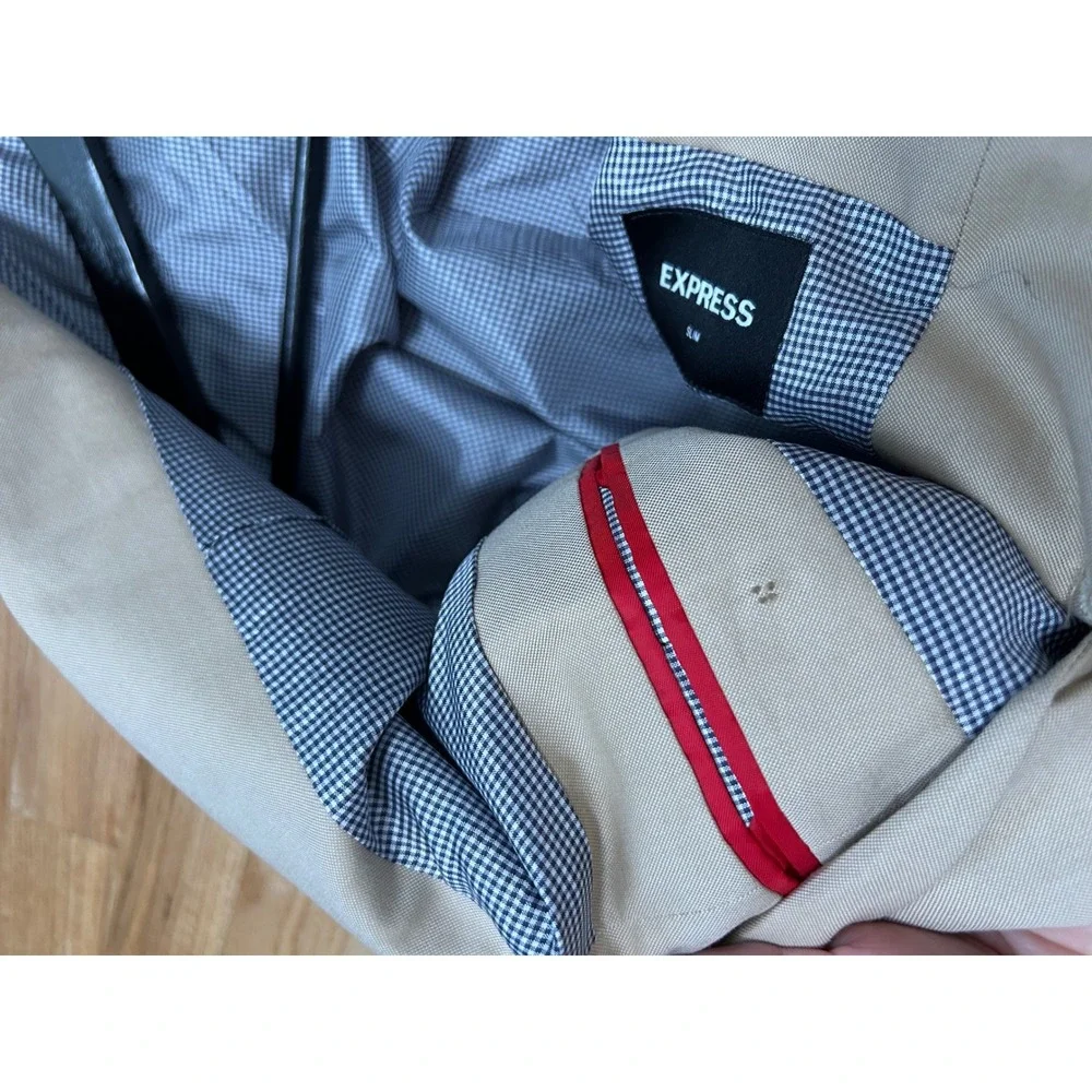Express Slim Fit Cotton Blazer Mens 46R Tan Stretch Preppy Gingham Lining Jacket